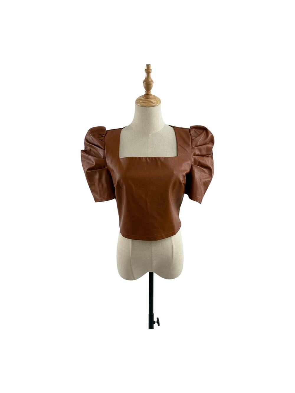 TCEC Brown Faux Leather Square Neck, Puff Sleeve Top, Size M